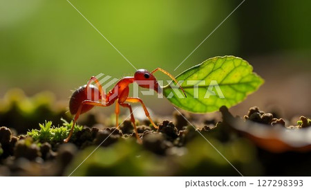 Red ant carrying a leaf in a forest during daylight near green moss and soil 127298393