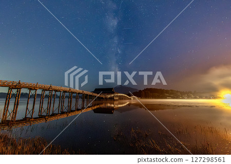 Aomori Prefecture Tsurunomai Bridge and the Milky Way over Mt. Iwaki06 127298561