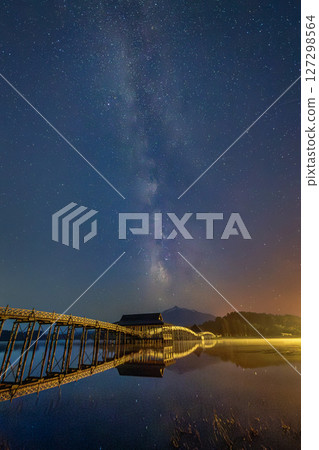 Aomori Prefecture Tsurunomai Bridge and the Milky Way over Mt. Iwaki 09 127298564