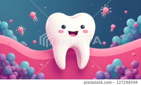 Cheerful tooth character promoting dental health amidst colorful bacteria in a playful design 127298594