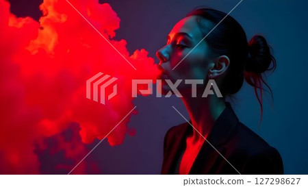 Woman exhaling bright red smoke in a dark, modern indoor environment during an artistic photo session 127298627