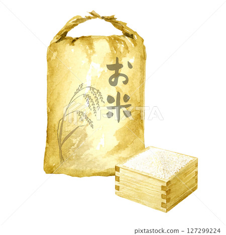 一幅水彩畫，畫的是木箱裡的米袋和米 127299224