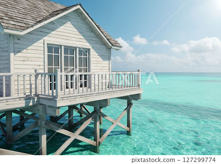 漂浮在碧綠海水中的小屋 3 AI 產生的圖像 127299774