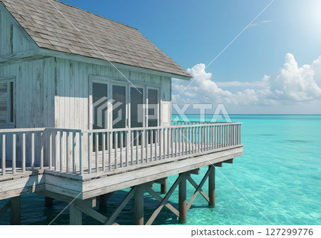 Cottage floating in the turquoise sea 4 AI generated image 127299776