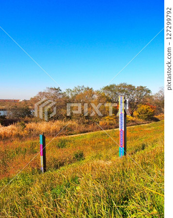 Edogawa River bank scenery in late autumn with a water level gauge 127299792