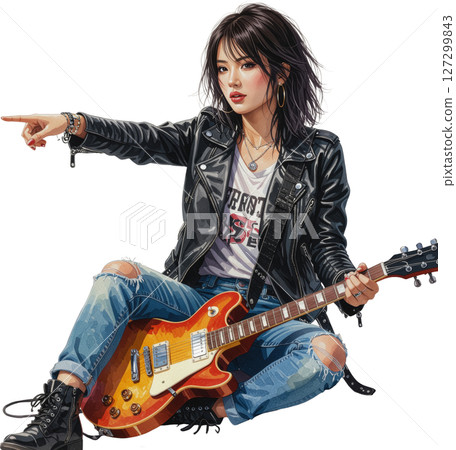 水彩風格女吉他手插圖指向透明背景 水彩風格女吉他手插圖指向透明背景 127299843
