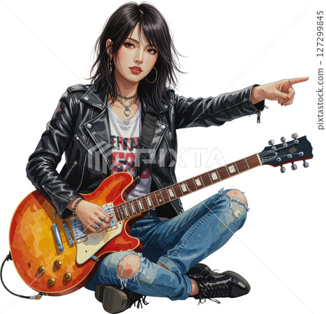 水彩風格女吉他手插圖指向透明背景 水彩風格女吉他手插圖指向透明背景 127299845
