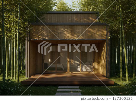 Modern wooden cabin surrounded by bamboo forest 8 AI generated image Modern wooden cabin surrounded by bamboo forest 8 AI generated image 127300125