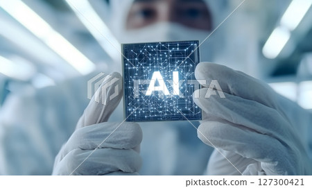 Futuristic AI Microchip Held by Gloved Hands in High Tech Laboratory Futuristic AI Microchip Held by Gloved Hands in High Tech Laboratory 127300421