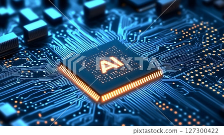 Futuristic AI Processor Chip on Advanced Circuit Board with Glowing Blue and Orange Technology 127300422