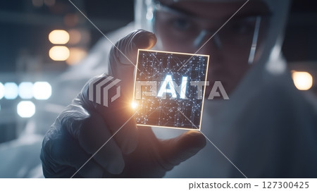 Futuristic AI Technology Concept with Glowing Holographic Chip in Gloved Hand 127300425