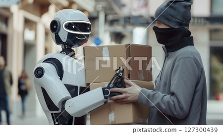 Futuristic Robot Delivering Packages to Person in Urban Street Scene 127300439