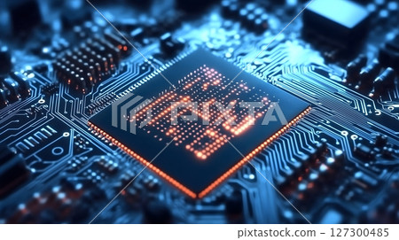Advanced Computer Processor Chip with Glowing Circuitry on Futuristic Motherboard 127300485