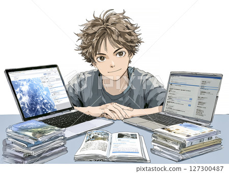 Illustration material of a male high school student studying with an AI tutor Illustration material of a male high school student studying with an AI tutor 127300487