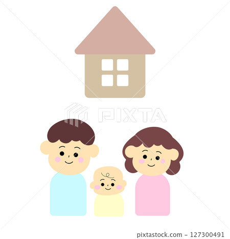 Illustration of a couple with a baby and their house 127300491