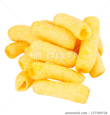 cylindrical crispy snack pile on white background 127300726