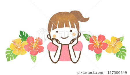 Girl resting her chin on her hand and hibiscus flower Girl resting her chin on her hand and hibiscus flower 127300849