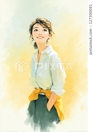 Cheerful woman, white shirt, yellow background, Japanese style, halfbody portrait, smiling Cheerful woman, white shirt, yellow background, Japanese style, halfbody portrait, smiling 127300891