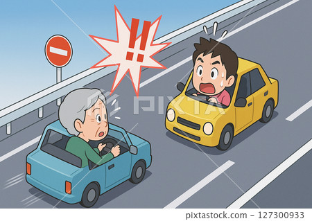 A senior man's car driving the wrong way on the highway and a young man in an oncoming car who is surprised. Illustration material of dangerous driving 127300933