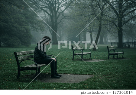 Isolated and pensive man brooding alone on a park bench during a misty autumn day 127301014