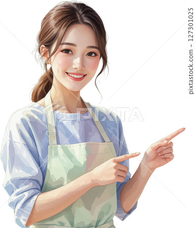 A smiling young woman wearing an apron pointing at something on a transparent background 127301025