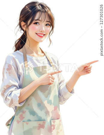 A smiling young woman wearing an apron pointing at something on a transparent background 127301026