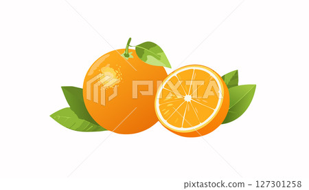 Whole oranges and neat half slices with crisp details, attached leaves, smooth bright orange surface, subtle shadow on clean white, modern healthy feel. Whole oranges and neat half slices with crisp details, attached leaves, smooth bright orange surface, subtle shadow on clean white, modern healthy feel. 127301258