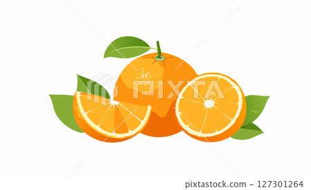 Orange fruit composition with full oranges and half slices, minimal shading, green leaves attached, white background, fresh and simple citrus artwork. 127301264