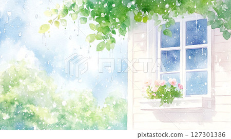 雨後綠葉的窗戶水彩插圖 127301386