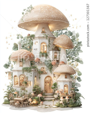 可愛的蘑菇形童話屋的奇幻景觀 127301387