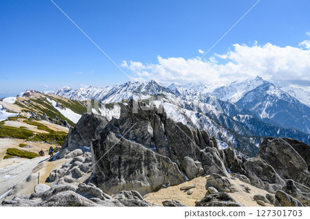 [Northern Alps, Mt. Tsubakuro, snow season] Megane Rock and the Hotaka mountain range 127301703