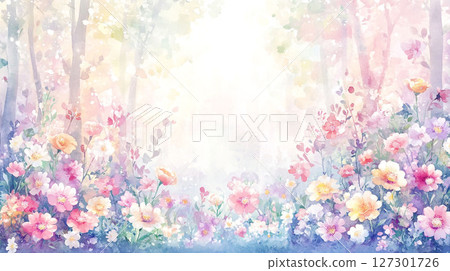 夢幻般的背景，光線照射進開滿花的森林 127301726