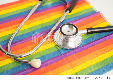 LGBT symbol, Stethoscope on rainbow flag, rights and gender equality, LGBT Pride Month in June. 127302015