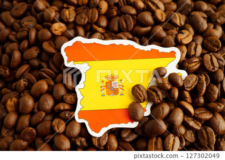 Spain flag on coffee beans, shopping online for export or import food product. 127302049