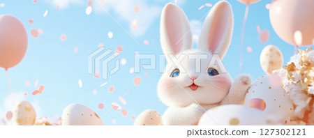Cute White Bunny Surrounded by Pastel Balloons and Flower Petals in Spring Sky Cute White Bunny Surrounded by Pastel Balloons and Flower Petals in Spring Sky 127302121
