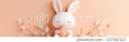 Cute White Bunny With Colorful Eggs Surrounded By Spring Flowers On Pastel Background 127302122