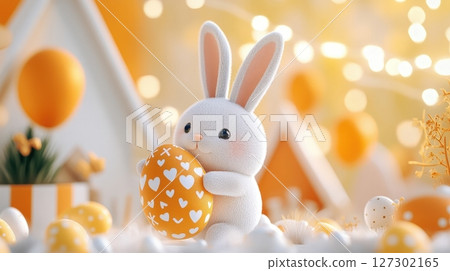 Adorable White Easter Bunny with Painted Egg in Floral Nest Adorable White Easter Bunny with Painted Egg in Floral Nest 127302165