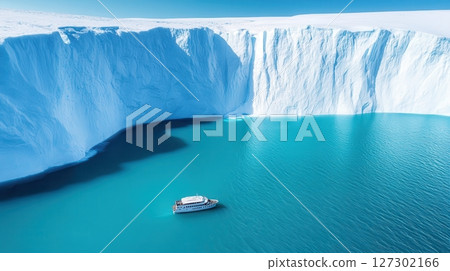 Polar ice melting into crystal-clear streams, showcasing the urgency of climate action to preserve freshwater resources, boat 127302166