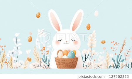 Adorable Easter Bunny with Basket of Colorful Eggs in Springtime Meadow Adorable Easter Bunny with Basket of Colorful Eggs in Springtime Meadow 127302223