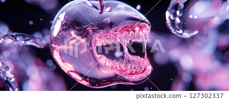 Crystal Apple with Razor-Sharp Teeth Suspended in Liquid, Blending Beauty with Monstrous Horror in Surreal Detail 127302337