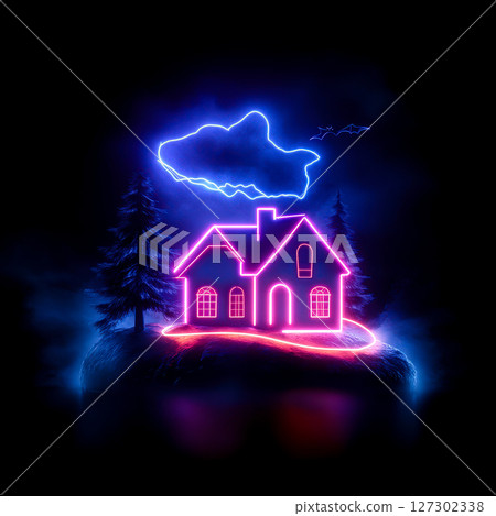 Neon Dream House: Glowing Pink Cottage Under Blue Electric Cloud with Pine Trees in Night Landscape 127302338
