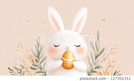Cute Sleeping Bunny Holding Easter Egg Surrounded by Flowers and Foliage 127302351