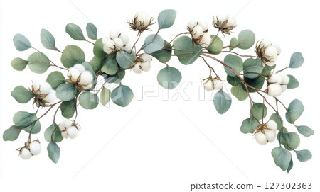 Circular frame of eucalyptus branches intertwined with cotton flowers, soft natural tones, isolated on white, rustic elegance 127302363