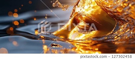 Abstract Ganesha Face Reflected in Shimmering Golden Water 127302458