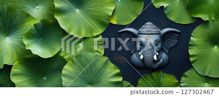 Ganesha s Elephant Head Emerging from Lotus Pond with Vivid Green Leaves 127302467