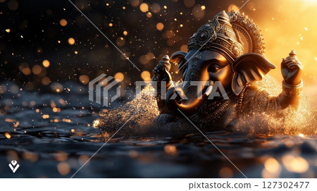 Majestic Ganesha Emerging from Misty Waters with Soft Ethereal Lighting 127302477