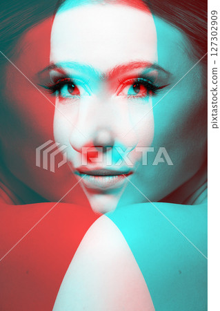 Woman portrait with classic hairstyle, naked shoulder in RGB color split effect style 127302909