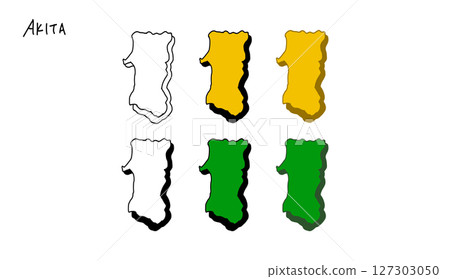 彩色3D秋田縣地圖手繪向量插圖 127303050