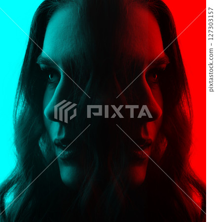 Dark face silhouette of beautiful and sexy woman in RGB color split effect style Dark face silhouette of beautiful and sexy woman in RGB color split effect style 127303157