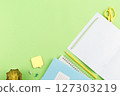 School supplies on the close up desk. 127303219